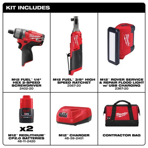 Milwaukee M12 kit with screwdriver ratchet and LED light