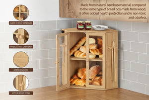 Bamboo Bread Box with Clear Doors – 2-Tier Kitchen Countertop Organizer 2Dropme