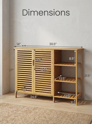 Bamboo 4 Tier Floor Cabinet with Doors, Freestanding Storage 2Dropme
