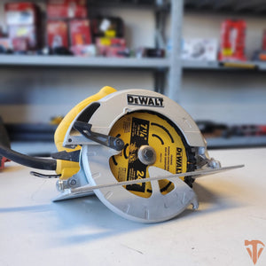 DeWalt DWE575 circular saw close up blade guard detail woodworking tool