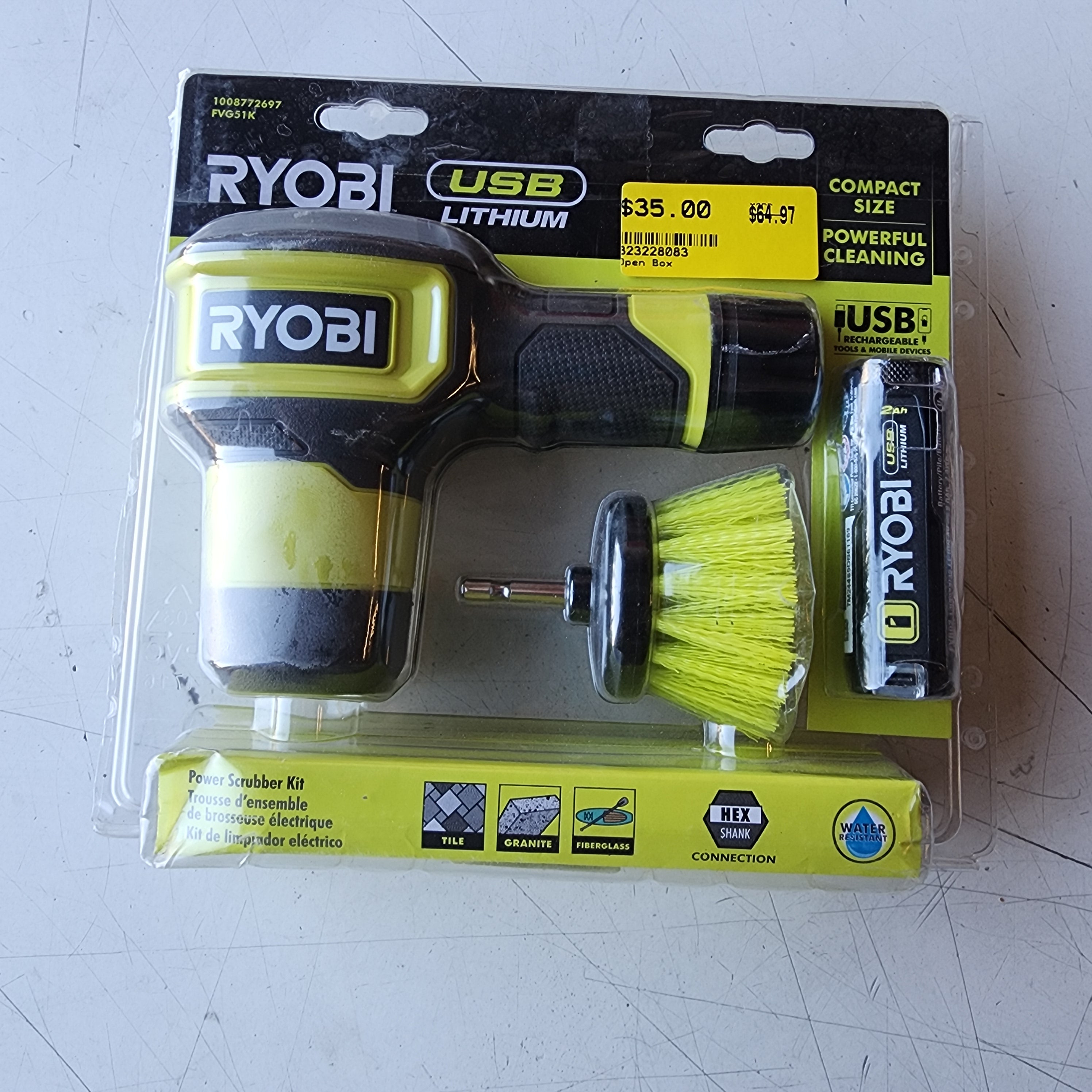 RYOBI USB de Litio Cepillo Compacto de 2 pulg. para Fregar de 2Ah Kit Caja Abierta