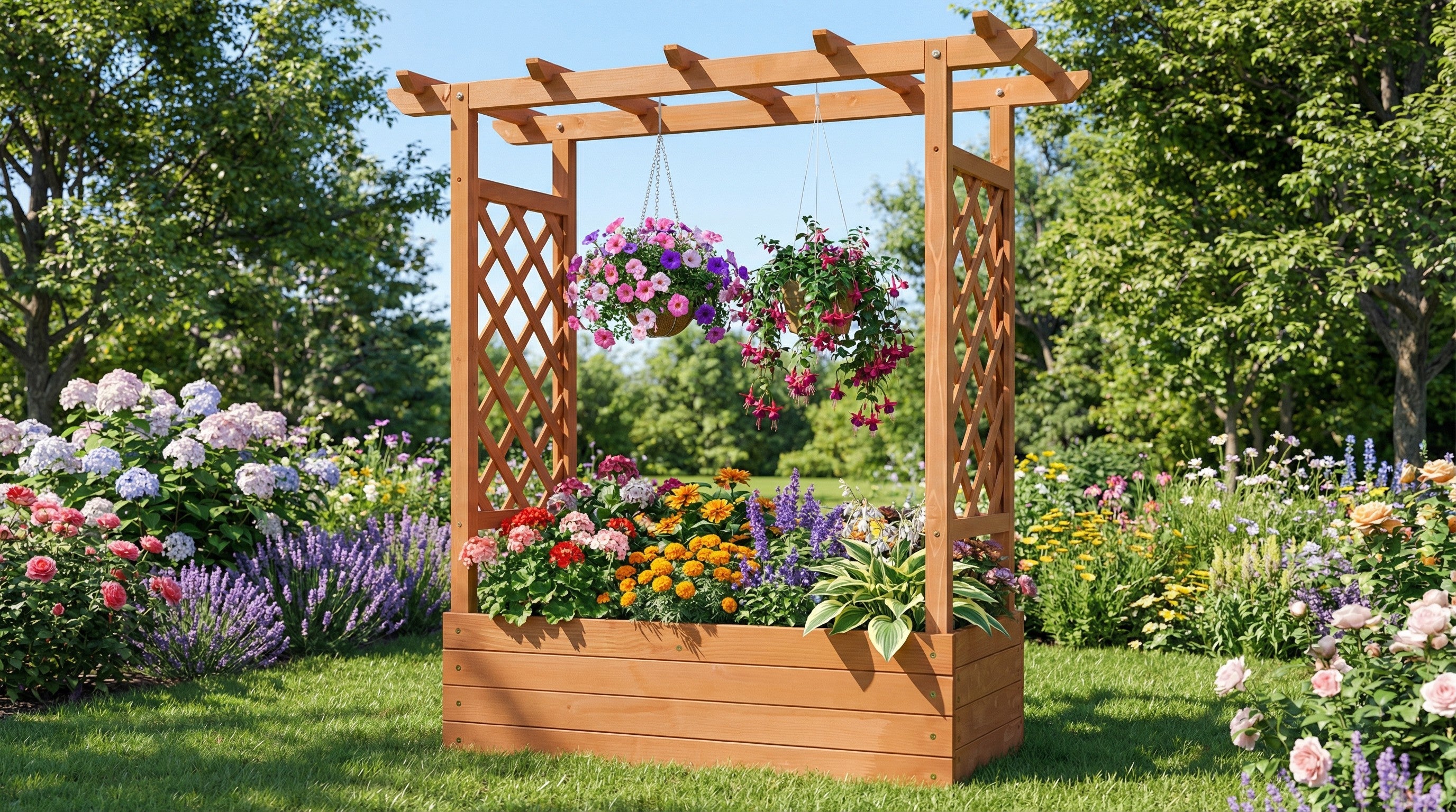 Raised Wooden Planter Box with Tall Trellis for Climbing Plants 2Dropme