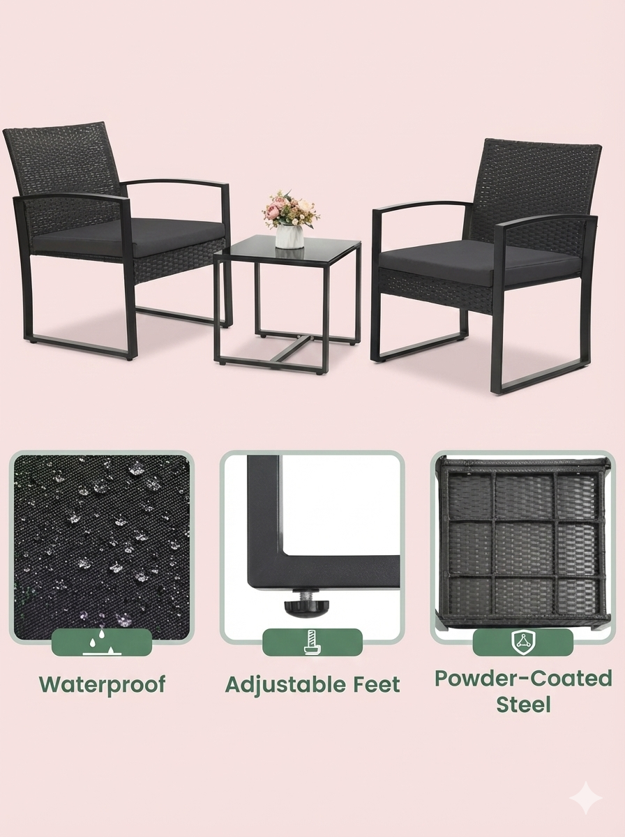 3-Piece Outdoor Patio Furniture Set – Wicker Chairs + Bar Table with Cushions 2Dropme