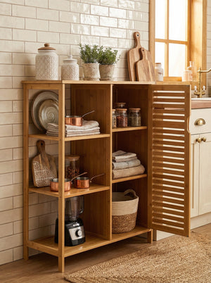 Bamboo 4 Tier Floor Cabinet with Doors, Freestanding Storage 2Dropme