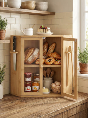 Bamboo Bread Box with Clear Doors – 2-Tier Kitchen Countertop Organizer 2Dropme
