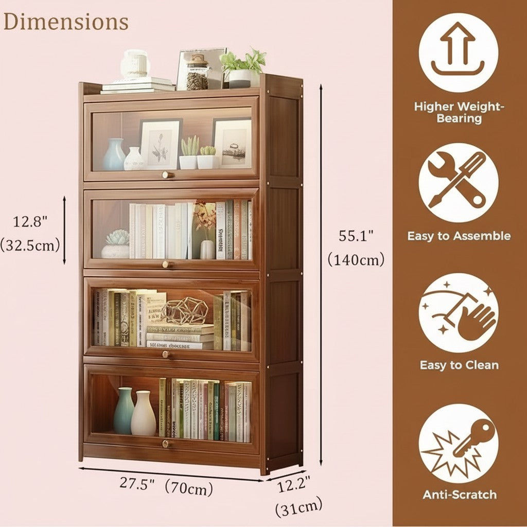 Tall Bamboo Bookshelf with Acrylic Doors, 4 Tier Storage Cabinet 2Dropme