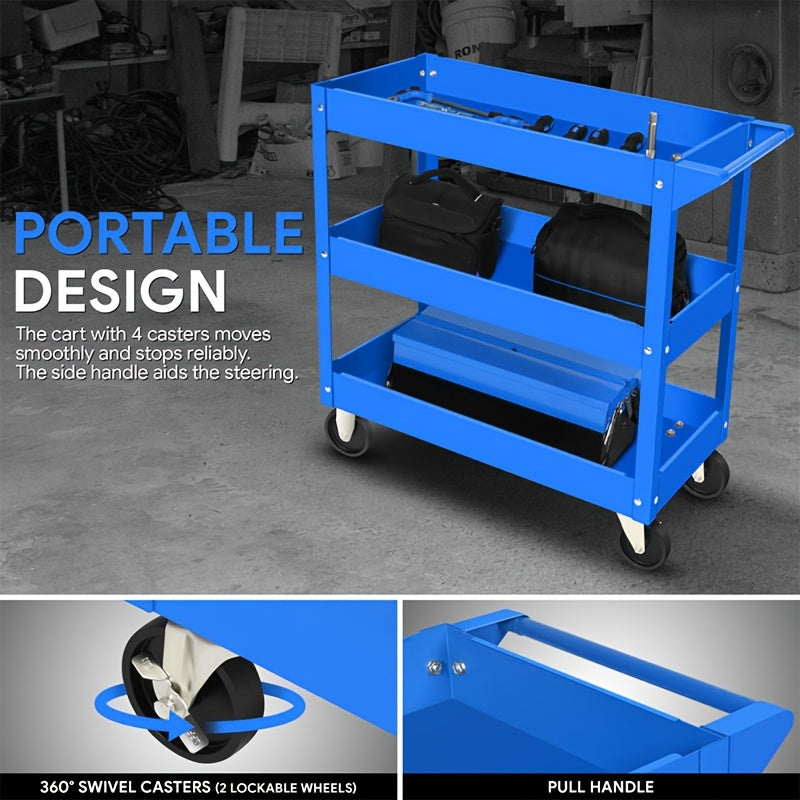 3-Tier Rolling Tool Cart with Wheels, Steel Utility Storage Cart 2Dropme
