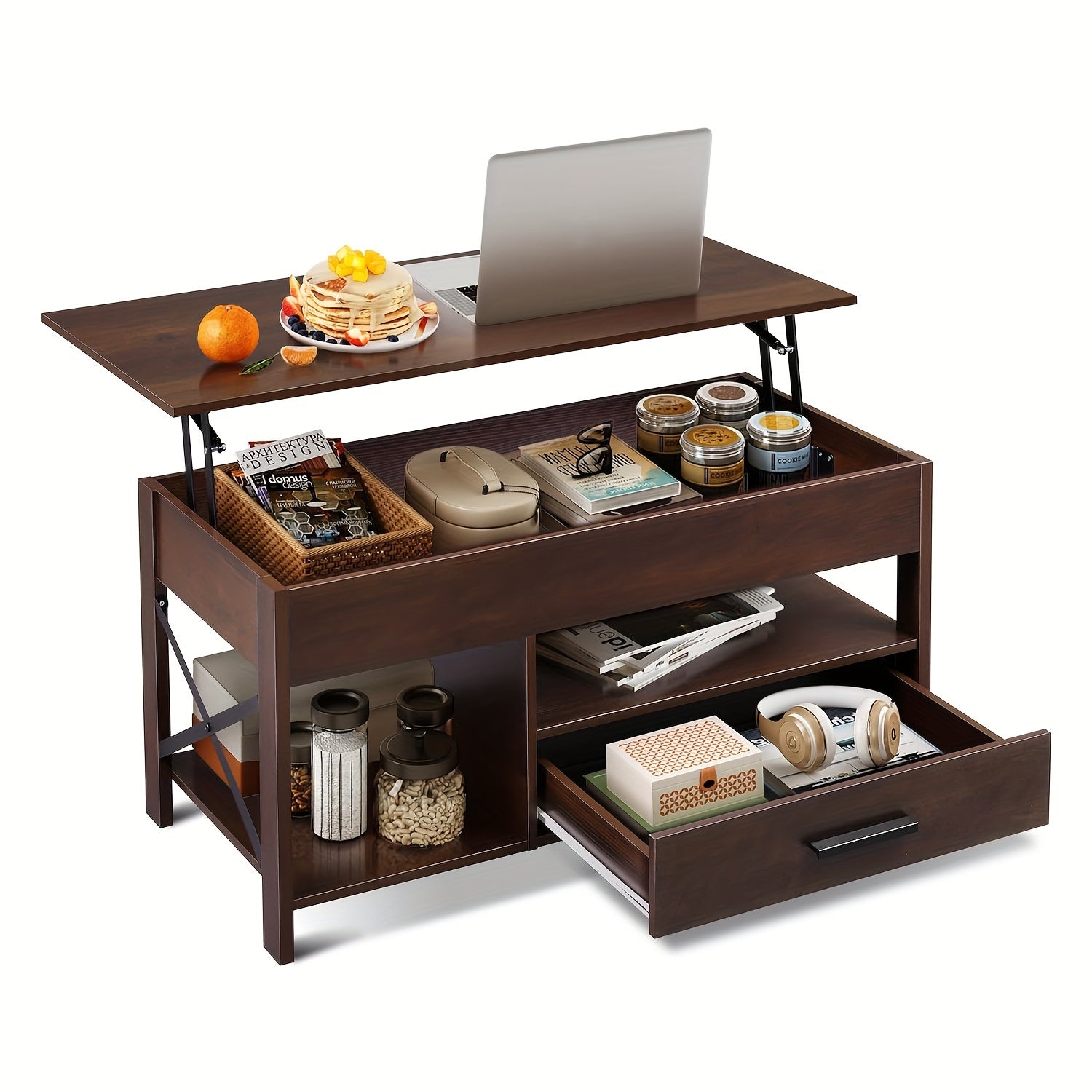 Lift Top Coffee Table w/Hidden Storage Drawer Shelf Retro Wood Living Room Table 2Dropme