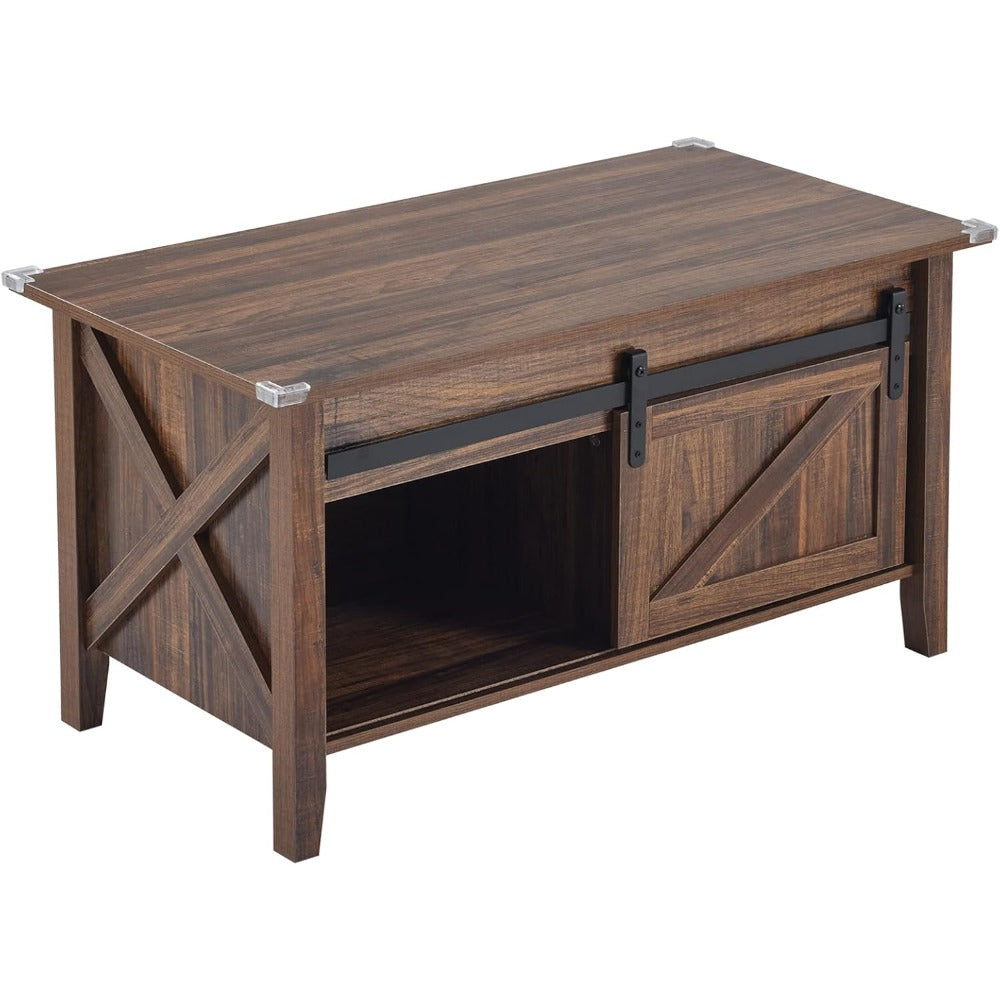 Lift Top Coffee Table 36" Farmhouse Rustic Wood Hidden Storage & Sliding Barn 2Dropme