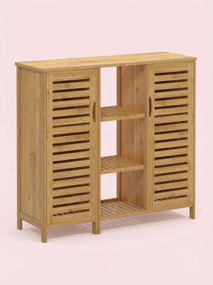 Bamboo 4 Tier Floor Cabinet with Doors, Freestanding Storage 2Dropme