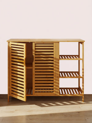 Bamboo 4 Tier Floor Cabinet with Doors, Freestanding Storage 2Dropme