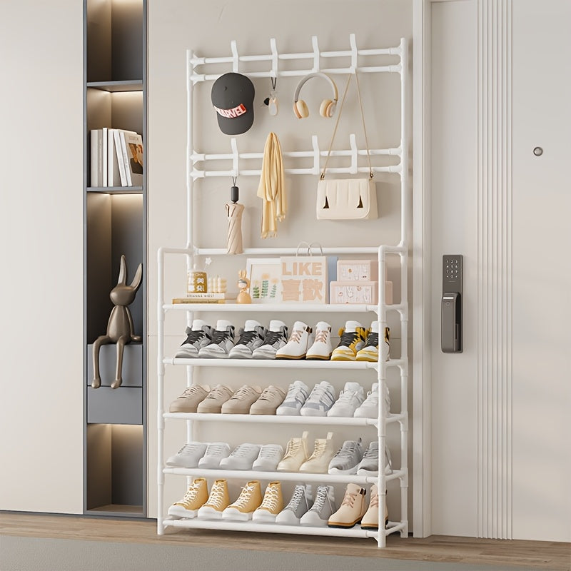 2 in 1 Shoe Rack with Coat Hooks Entryway Organizer 5 Tier Storage Shelf 2Dropme