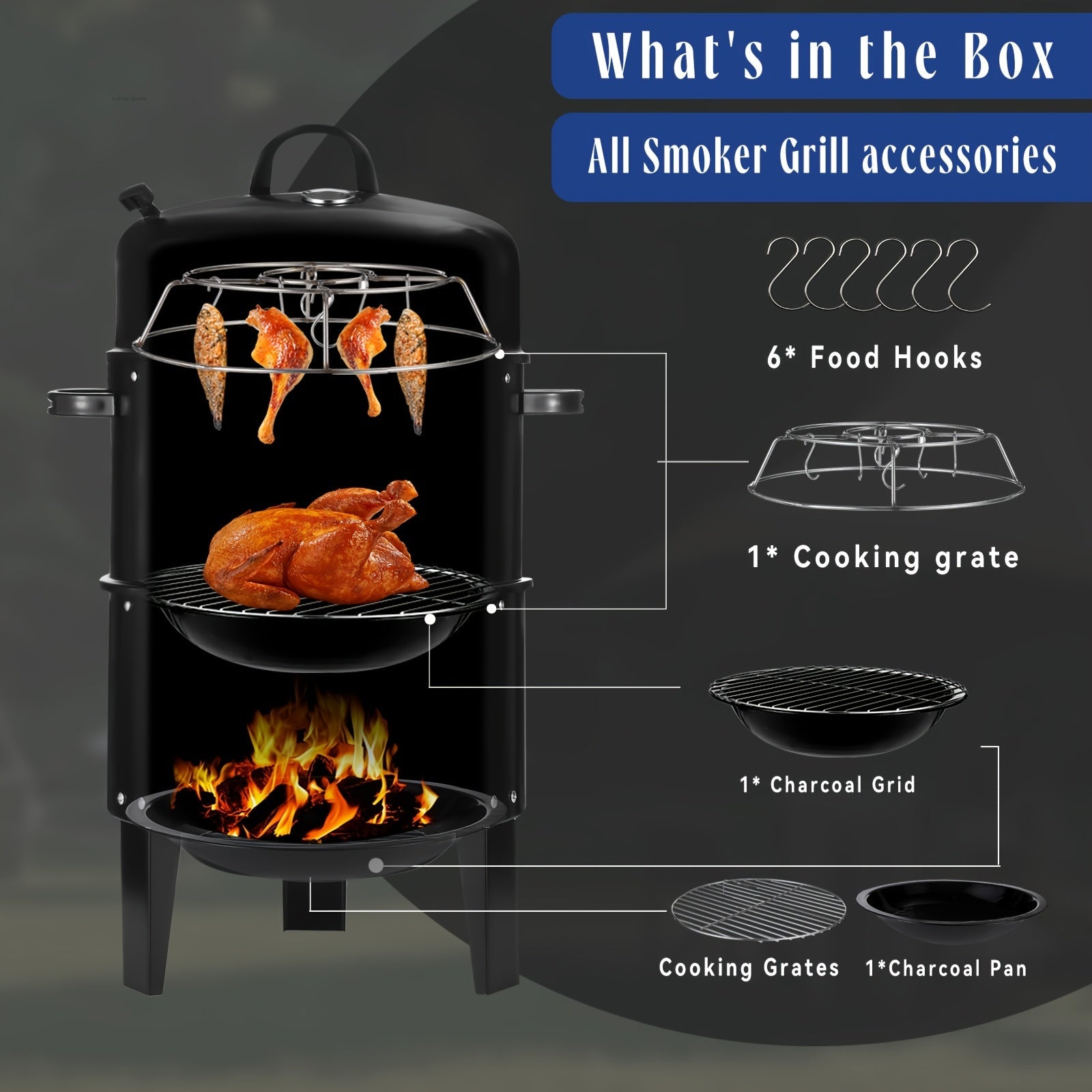 3-in-1 Charcoal Smoker Grill BBQ Fire Pit Portable Outdoor Camping Grill 2Dropme