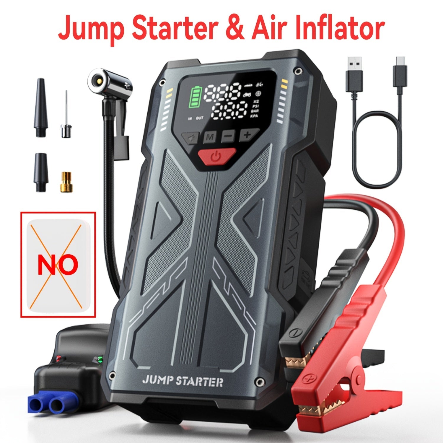 9-in-1 Portable Jump Starter with Air Compressor 12V Car Battery Booster USB LED 2Dropme