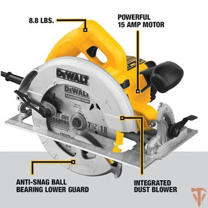 DeWalt DWE575 circular saw front angle professional carpentry cutting tool