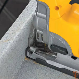 DeWalt DW331K jig saw cutting wood in workshop