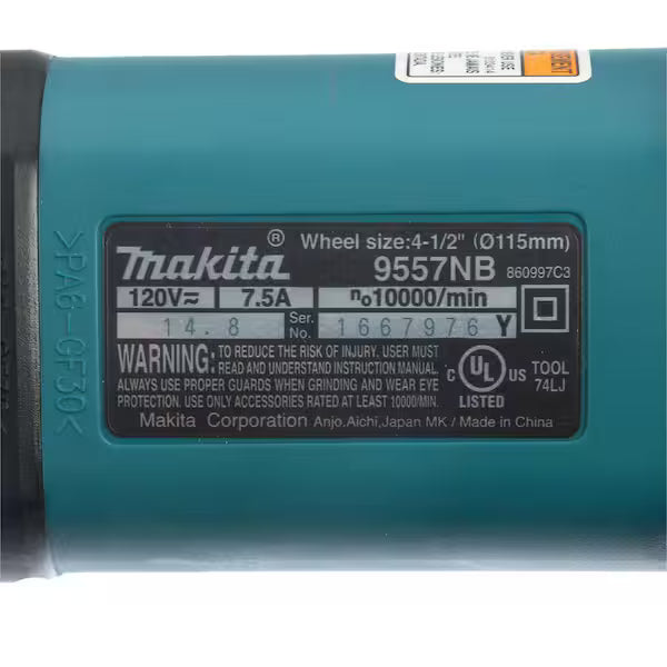 Makita 7.5 Amp Corded 4-1/2 in. Easy Wheel Change Compact Angle Grinder with Grinding Wheel