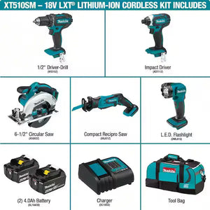 Makita 18V LXT Lithium-Ion Cordless 7-Tool Combo Kit with (2) 4.0Ah Batteries, Charger, and Bag Makita