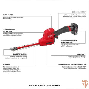 Milwaukee M12 FUEL 12V Brushless 8 in. Cordless Hedge Trimmer Kit – Battery & Charger – Open Box Milwaukee