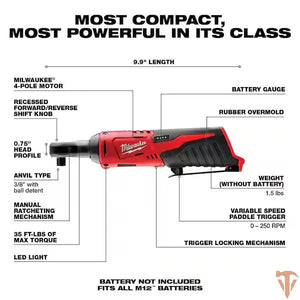 Milwaukee M12 12V Lithium-Ion Cordless 3/8 in. Ratchet (Tool-Only) Milwaukee