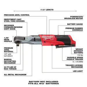 Milwaukee M12 FUEL 12V Lithium-Ion Brushless Cordless 1/2 in. Ratchet (Tool-Only) Milwaukee
