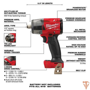 Milwaukee M18 FUEL Gen-2 1/2 in. Mid Torque Impact Wrench – Tool Only Milwaukee