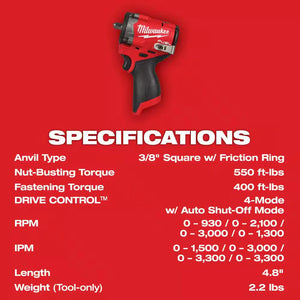Milwaukee 2562-20 M12 FUEL 3/8 in. Stubby Impact Wrench - Tool Only