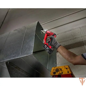Milwaukee red cordless metal shear for straight and curved sheet metal cuts