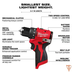 Milwaukee M12 12V Lithium-Ion Subcompact Brushless Cordless 3/8 in. Drill Driver (Tool-Only) Milwaukee