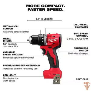 Milwaukee M18 18V Lithium-Ion Brushless Cordless 1/2 in. Compact Drill/Driver Tool-Only Milwaukee