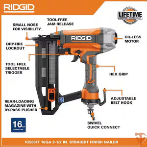 RIDGID Pneumatic 16-Gauge 2-1/2 in. Straight Finish Nailer with CLEAN DRIVE Technology ridgid