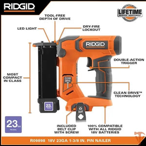 RIDGID 18V Cordless 23-Gauge 1-3/8 in. Headless Pin Nailer – Tool Only – Open Box ridgid