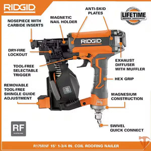 RIDGID Pneumatic 15 Deg. 1-3/4 in. Coil Roofing Nailer ridgid