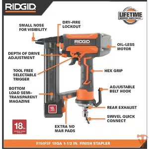 RIDGID Pneumatic 18-Gauge 1-1/2 in. Finish Stapler with Contractor's Bag ridgid