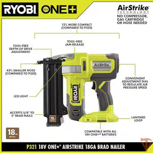 RYOBI ONE+ 18V 18-Gauge Cordless AirStrike Brad Nailer RYOBI