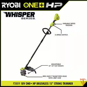 RYOBI ONE+ HP 18V Brushless Whisper Series 15 in. Cordless Battery String Trimmer (Tool Only) RYOBI