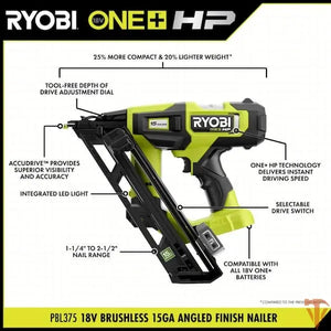 RYOBI ONE+ HP 18V Brushless 15-Gauge 34° Angled Finish Nailer – Pro Finish Power (Tool Only, Open Box) RYOBI