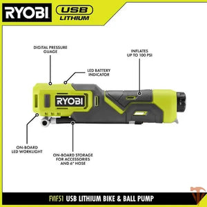 RYOBI USB Lithium Cordless Bike & Ball Pump Inflator Kit – Compact Portable Air with 2.0Ah Battery (Open Box) RYOBI