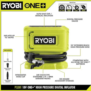 RYOBI ONE+ 18V high pressure inflator for tires and inflatables