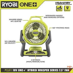 RYOBI ONE+ 18V Cordless Hybrid WHISPER SERIES 7-1/2 in. Fan (Tool Only) – Open Box, Barely Used RYOBI