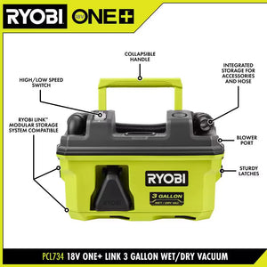 Ryobi PCL734B ONE+ 18V LINK Cordless 3 Gal. Wet/Dry Vacuum Tool Only
