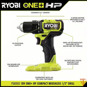 RYOBI ONE+ HP 18V Brushless Cordless Compact 1/2in. Drill/Driver Kit with (2) 1.5 Ah Batteries and Charger RYOBI