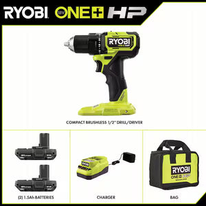 RYOBI ONE+ HP 18V Brushless Cordless Compact 1/2in. Drill/Driver Kit with (2) 1.5 Ah Batteries and Charger RYOBI