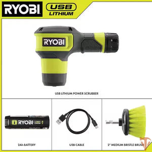 RYOBI USB Lithium Compact Scrubber Kit with 2.0 Ah Battery, USB Charging Cord, 2 in. Medium Bristle Brush Open Box RYOBI