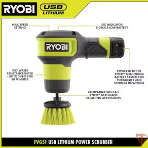 RYOBI USB Lithium Compact Scrubber Kit with 2.0 Ah Battery, USB Charging Cord, 2 in. Medium Bristle Brush Open Box RYOBI