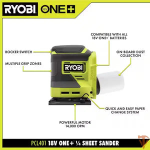 RYOBI ONE+ 18V Cordless 1/4 Sheet Sander – Smooth Finish Control (Tool Only, Open Box) RYOBI