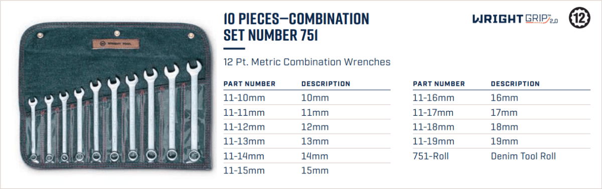 Wright Tool WRIGHTGRIP® 2.0 12 Point Combination Wrench Set 10 Pieces Metric 751 Mr. Tools