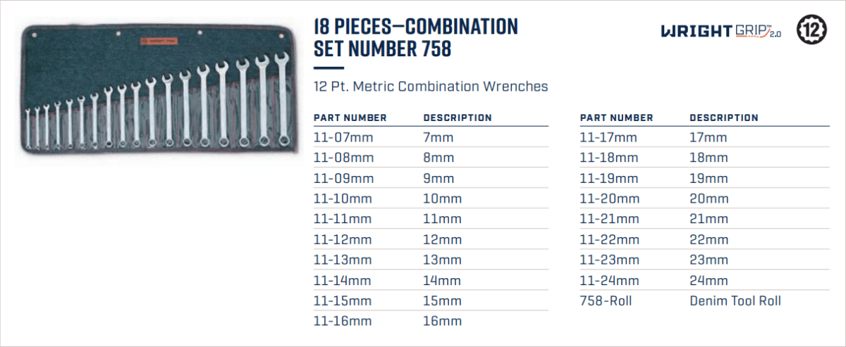 Wright Tool WRIGHTGRIP® 2.0 12 Point Combination Wrench Set 18 Pieces Metric 758 Mr. Tools