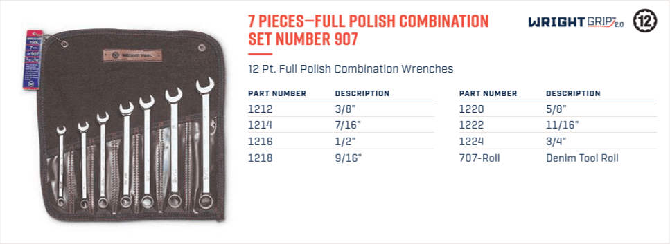 Wright Tool WRIGHTGRIP® 2.0 12 Point Combination Wrench Set 7 Piece SAE 907 Wright Tool