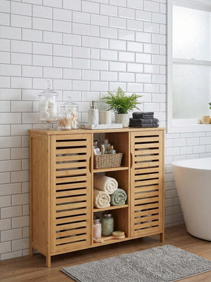 Bamboo 4 Tier Floor Cabinet with Doors, Freestanding Storage 2Dropme